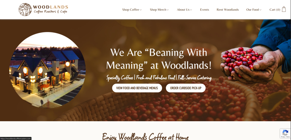 Cutoff image of the front page of the Woodland's Coffee Roaster's website